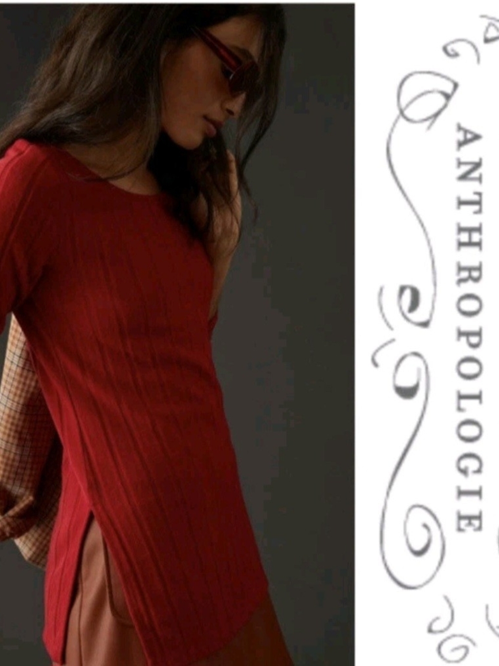 NWT Anthropologie Ribbed Side-Slit Tunic Top Womens Small Red Long Sleeve